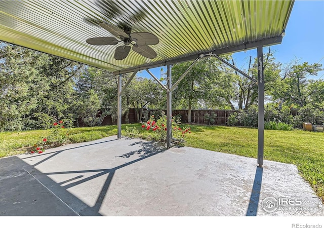 510 S 46th St, Boulder, CO 80305 - view of patio / terrace featuring a ceiling fan and view of wooded area