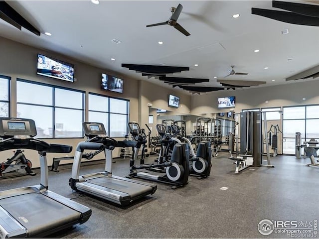 12889 Clearview St, Firestone, CO 80504 - gym with ceiling fan and recessed lighting