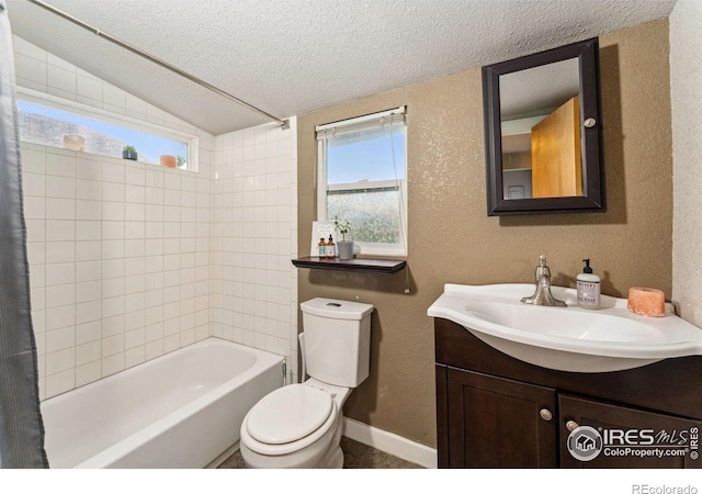 4900 W 6th Ave, Denver, CO 80204 - full bath featuring a textured ceiling, vanity, toilet, shower / bathtub combination with curtain, and healthy amount of natural light