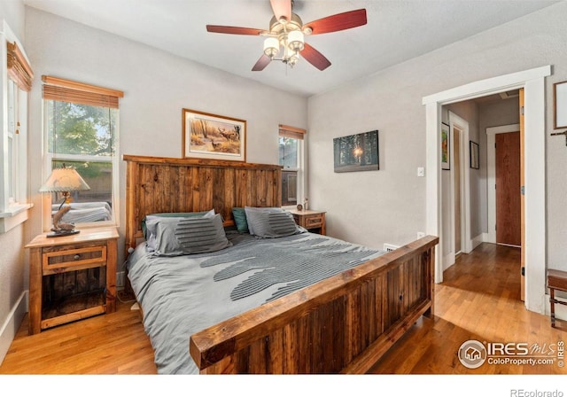 4900 W 6th Ave, Denver, CO 80204 - bedroom with hardwood / wood-style flooring, multiple windows, and a ceiling fan
