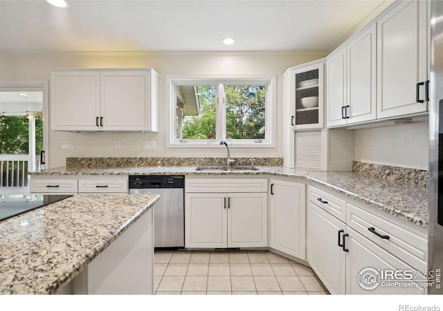 4483 S Meadow Dr, Boulder, CO 80301 - kitchen with stainless steel dishwasher, a sink, white cabinetry, crown molding, and light tile patterned flooring