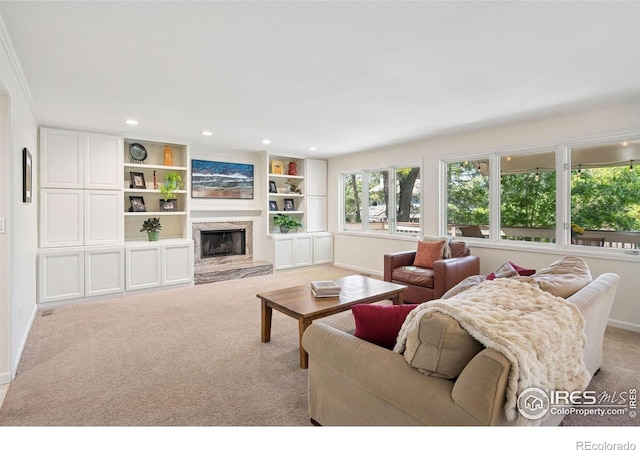 4483 S Meadow Dr, Boulder, CO 80301 - living area with baseboards, light colored carpet, recessed lighting, and a premium fireplace