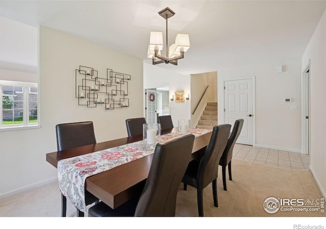 4483 S Meadow Dr, Boulder, CO 80301 - dining space featuring light carpet, a chandelier, stairway, and baseboards