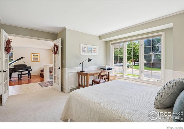 4483 S Meadow Dr, Boulder, CO 80301 - bedroom with carpet flooring, french doors, ornamental molding, and wainscoting