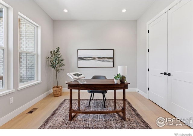 1425 Burt Ave, Berthoud, CO 80513 - office area with light wood-type flooring, baseboards, and recessed lighting