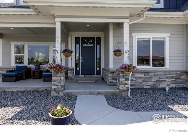 505 Nesting Eagles Way, Berthoud, CO 80513 - view of exterior entry featuring a porch and stone siding