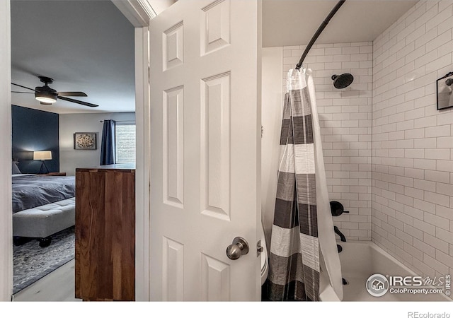 5609 Mount Sanitas Ave, Longmont, CO 80503 - full bath featuring ensuite bath, shower / bath combination with curtain, and a ceiling fan