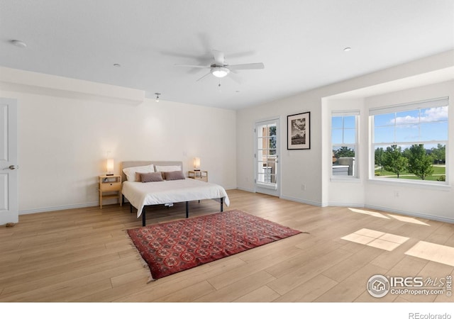 555 Laramie Blvd, Boulder, CO 80304 - bedroom with light wood-style flooring, baseboards, ceiling fan, and access to outside
