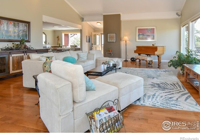 1960 Colard Ln, Lyons, CO 80540 - living room with crown molding, lofted ceiling, and wood finished floors