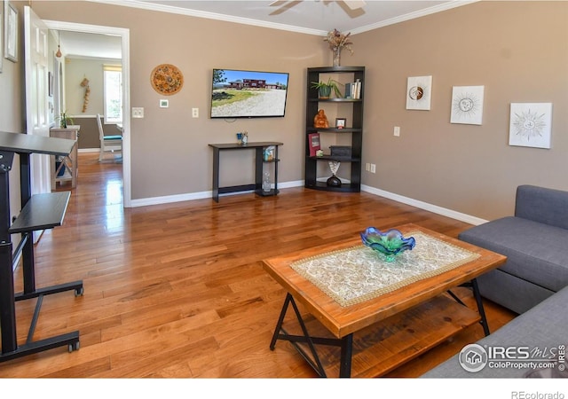 1960 Colard Ln, Lyons, CO 80540 - living room featuring ornamental molding, light wood-style floors, and ceiling fan