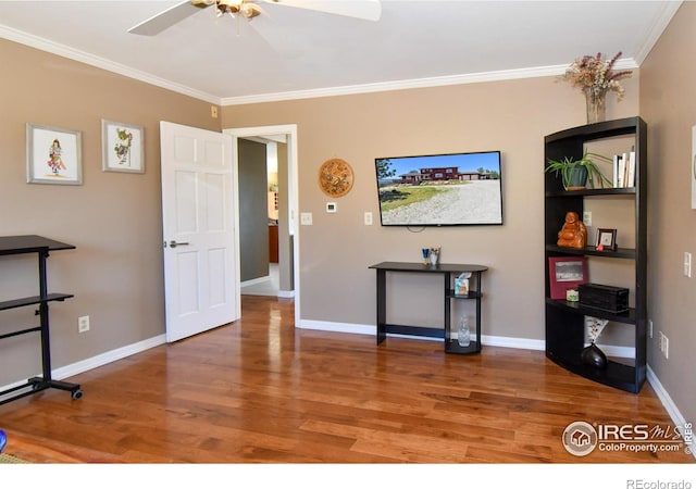 1960 Colard Ln, Lyons, CO 80540 - interior space featuring ornamental molding, wood finished floors, and a ceiling fan