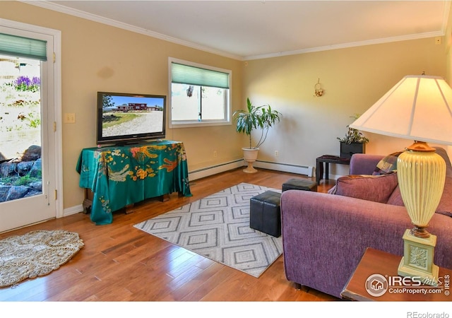 1960 Colard Ln, Lyons, CO 80540 - living room with crown molding, wood finished floors, and baseboard heating