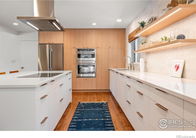 3490 16th St, Boulder, CO 80304 - kitchen featuring stainless steel appliances, island range hood, light wood-style floors, a kitchen island, and recessed lighting