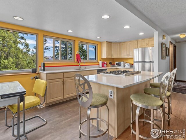621 Landers St, Estes Park, CO 80517 - kitchen with stainless steel appliances, light brown cabinets, a breakfast bar area, recessed lighting, and a textured ceiling