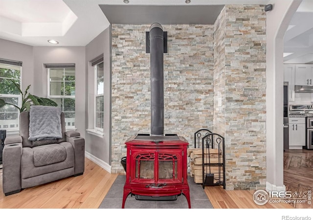 1451 Red Fox Cir, Severance, CO 80550 - living area featuring a wood stove, wood finished floors, arched walkways, and recessed lighting