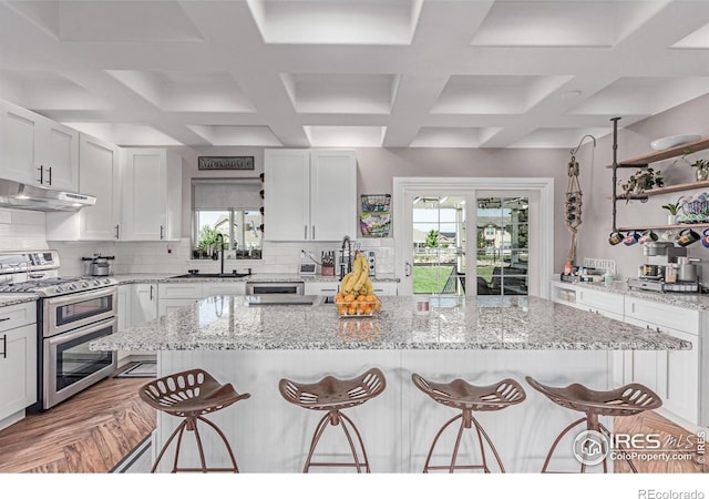 1451 Red Fox Cir, Severance, CO 80550 - kitchen featuring double oven range, under cabinet range hood, a breakfast bar, healthy amount of natural light, and coffered ceiling