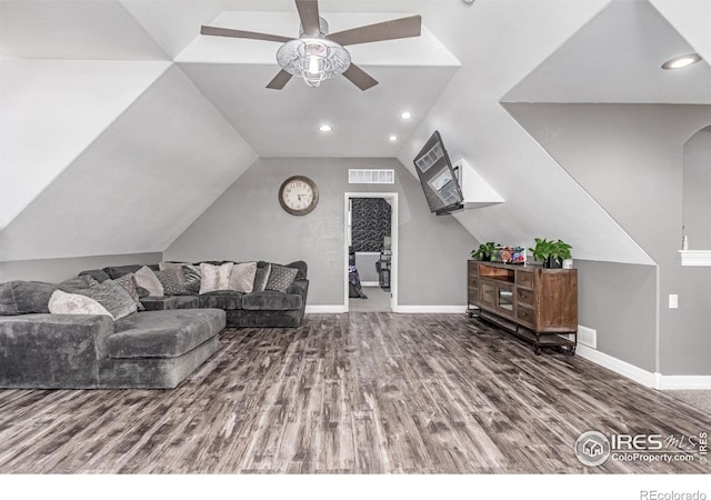 1451 Red Fox Cir, Severance, CO 80550 - living room with a ceiling fan, wood finished floors, vaulted ceiling, and recessed lighting