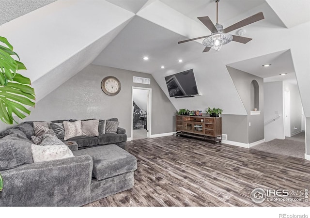 1451 Red Fox Cir, Severance, CO 80550 - living area with wood finished floors, ceiling fan, vaulted ceiling, and recessed lighting