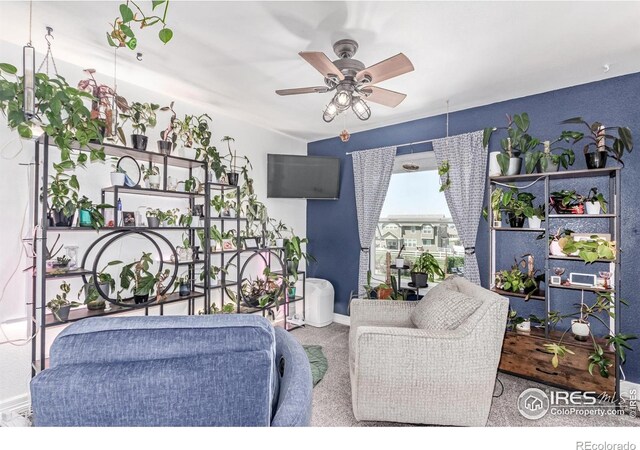 1451 Red Fox Cir, Severance, CO 80550 - carpeted living area featuring a ceiling fan and baseboards