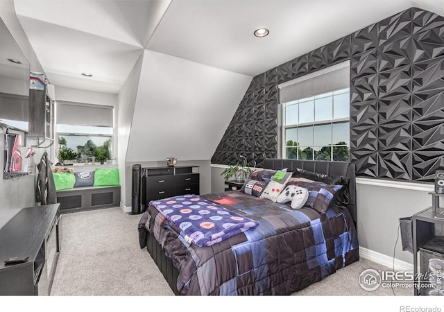 1451 Red Fox Cir, Severance, CO 80550 - bedroom with carpet flooring, lofted ceiling, and recessed lighting