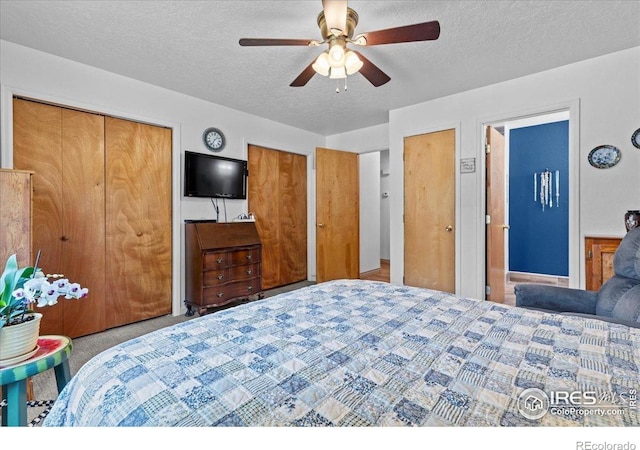 110 50th Ave, Greeley, CO 80634 - bedroom featuring two closets, a textured ceiling, carpet flooring, and a ceiling fan