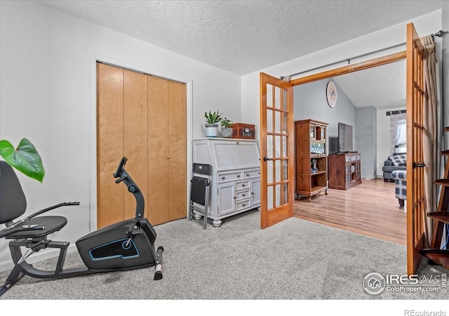 110 50th Ave, Greeley, CO 80634 - workout room with french doors, vaulted ceiling, carpet, and a textured ceiling
