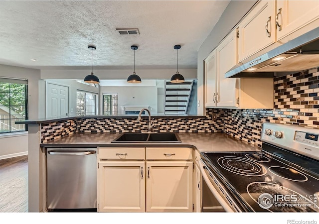 4771 White Rock Cir Unit B, Boulder, CO 80301 - kitchen with stainless steel appliances, under cabinet range hood, a peninsula, backsplash, and decorative light fixtures