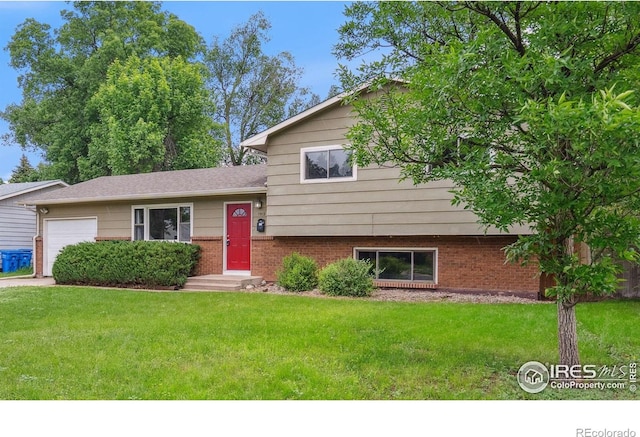 1512 Brentwood Dr, Fort Collins, CO 80521 - tri-level home with a garage, a front lawn, and brick siding