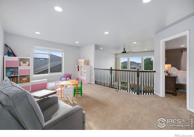 6420 Tuxedo Park Rd, Timnath, CO 80547 - living room with carpet flooring, a ceiling fan, and recessed lighting