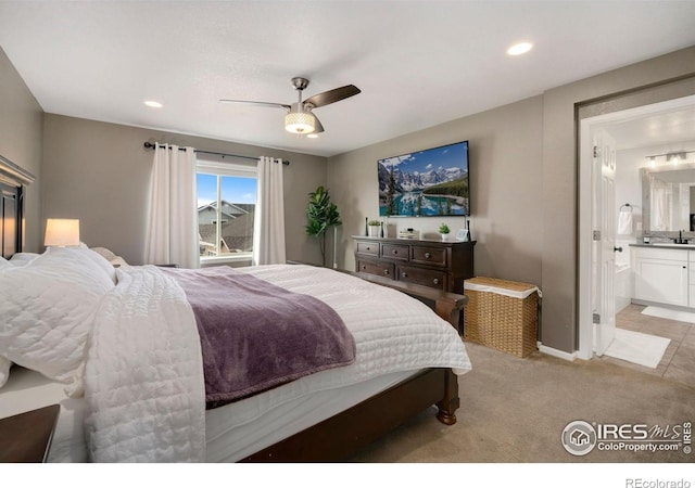 6420 Tuxedo Park Rd, Timnath, CO 80547 - bedroom featuring light carpet, recessed lighting, ceiling fan, and ensuite bathroom