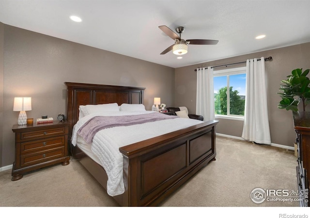6420 Tuxedo Park Rd, Timnath, CO 80547 - bedroom featuring light carpet, recessed lighting, and a ceiling fan
