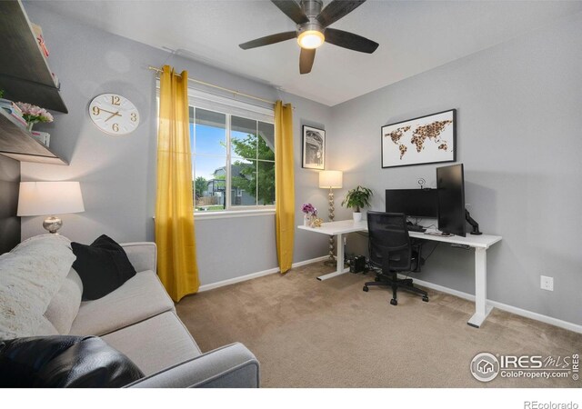 6420 Tuxedo Park Rd, Timnath, CO 80547 - carpeted home office with ceiling fan and baseboards