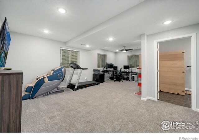 6420 Tuxedo Park Rd, Timnath, CO 80547 - exercise room with carpet, recessed lighting, and a ceiling fan