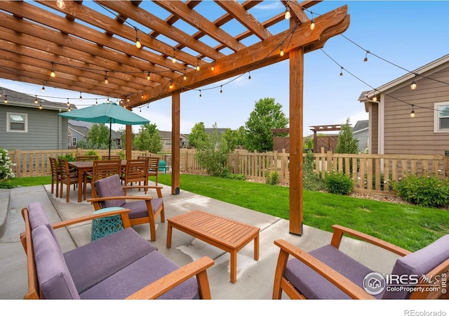 6420 Tuxedo Park Rd, Timnath, CO 80547 - fenced backyard with an outdoor living space, a pergola, a patio area, and outdoor dining area