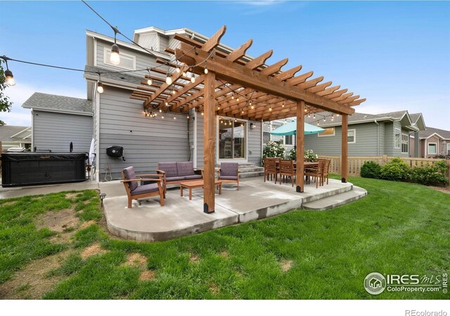6420 Tuxedo Park Rd, Timnath, CO 80547 - back of house with a pergola, a patio area, an outdoor hangout area, a hot tub, and roof with shingles