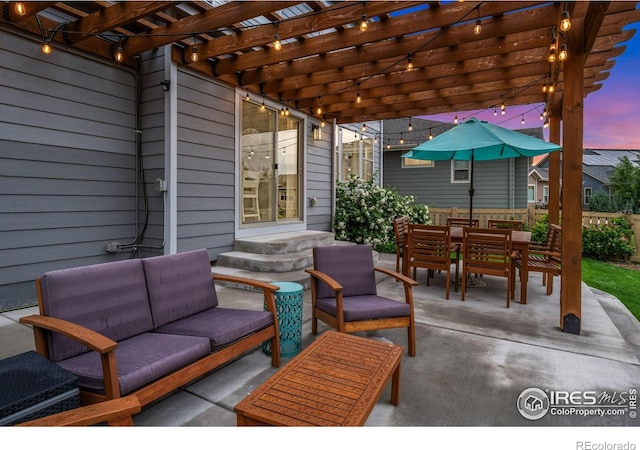 6420 Tuxedo Park Rd, Timnath, CO 80547 - view of patio / terrace with an outdoor hangout area, outdoor dining space, and a pergola