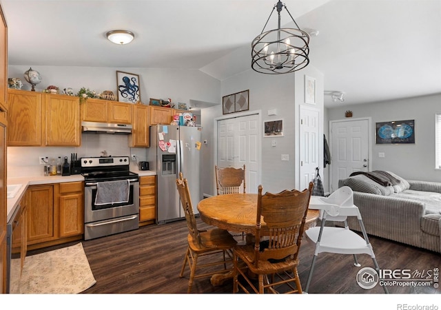 1144-1148 E 5th St, Loveland, CO 80537 - kitchen with appliances with stainless steel finishes, under cabinet range hood, dark wood-style flooring, light countertops, and lofted ceiling