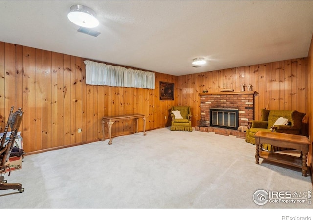 8840 Niwot Rd, Niwot, CO 80503 - carpeted living room featuring wooden walls and a fireplace