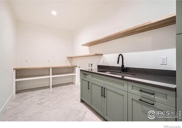 1126 W Enclave Cir, Louisville, CO 80027 - kitchen featuring open shelves, dark countertops, and light marble finish floors