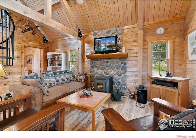 90 Woccon Ct, Red Feather Lakes, CO 80545 - living area featuring wood finished floors, wood ceiling, wooden walls, and a wood stove
