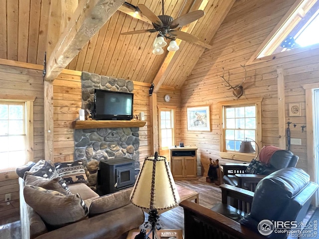 90 Woccon Ct, Red Feather Lakes, CO 80545 - living area with wood finished floors, wooden walls, a wood stove, healthy amount of natural light, and ceiling fan
