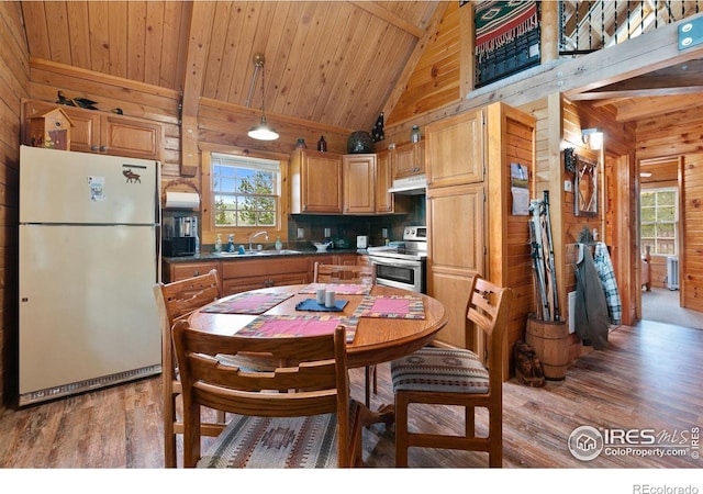 90 Woccon Ct, Red Feather Lakes, CO 80545 - kitchen with freestanding refrigerator, stainless steel electric range, wooden walls, light wood-type flooring, and a wood ceiling with exposed beams