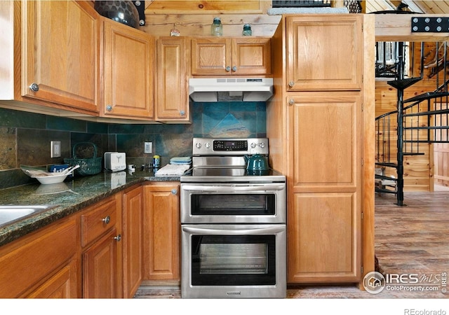 90 Woccon Ct, Red Feather Lakes, CO 80545 - kitchen featuring double oven range, under cabinet range hood, backsplash, and light wood-style flooring