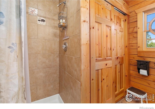 90 Woccon Ct, Red Feather Lakes, CO 80545 - full bathroom with a tile shower and wood walls