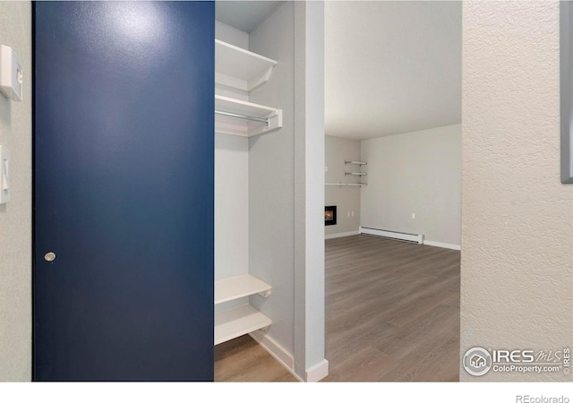 512 E Monroe Dr Unit 329, Fort Collins, CO 80525 - walk in closet with wood finished floors, a baseboard heating unit, and a lit fireplace
