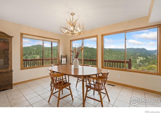366 N Rim Rd, Livermore, CO 80536 - dining room featuring a chandelier, light tile patterned flooring, and a mountain view