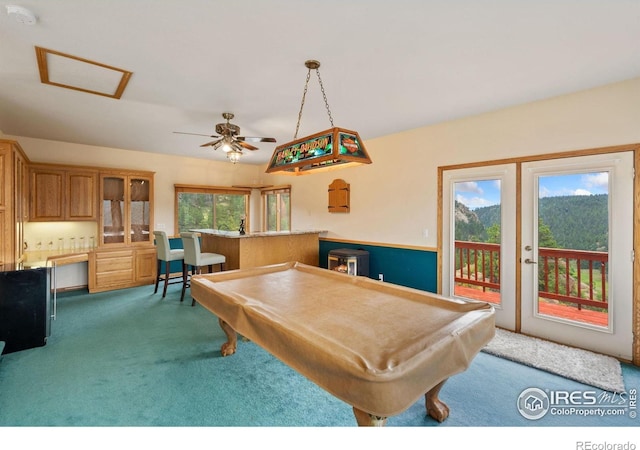 366 N Rim Rd, Livermore, CO 80536 - rec room featuring carpet, attic access, billiards table, and a ceiling fan