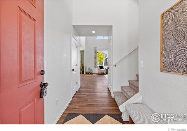 7266 Andover St, Wellington, CO 80549 - foyer featuring wood finished floors, stairs, and a high ceiling