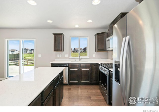 5562 Bristow Rd, Timnath, CO 80547 - kitchen with appliances with stainless steel finishes, dark wood-style floors, healthy amount of natural light, recessed lighting, and dark brown cabinets
