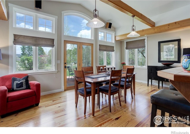 9445 Lykins Pl, Boulder, CO 80301 - dining room featuring light wood-type flooring, beamed ceiling, french doors, and high vaulted ceiling